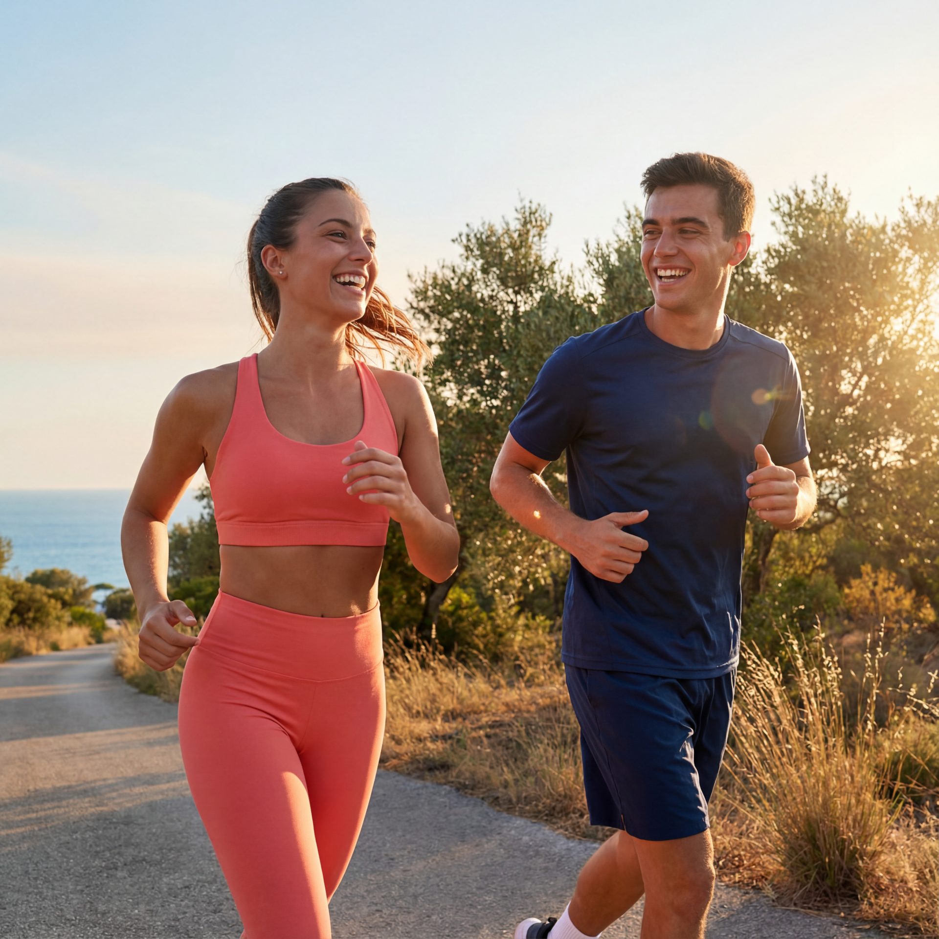 Smiling couple jogging on a coastal trail at sunset in athletic wear.