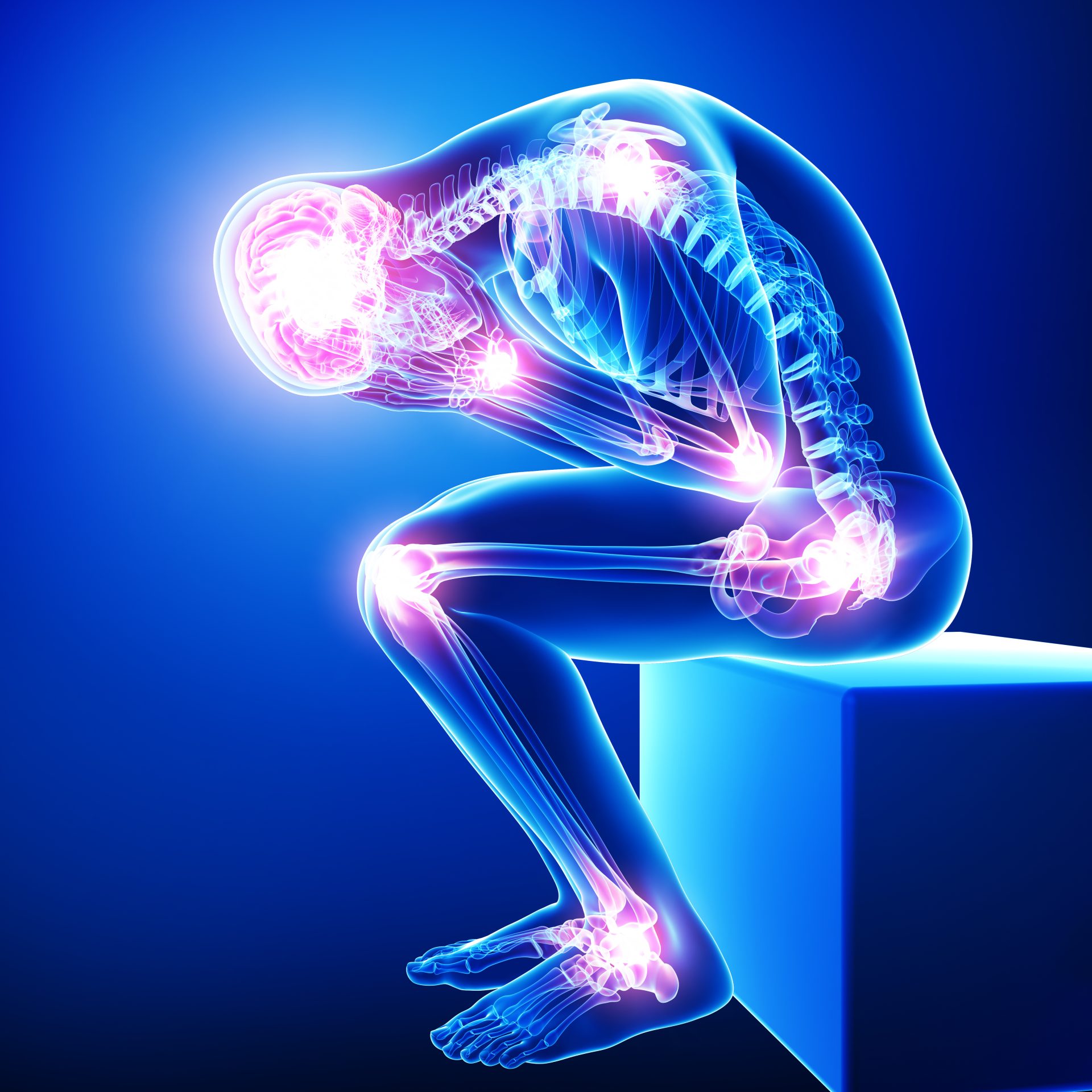 Illustration of seated person with glowing joint pain in spine, hips, knees, and shoulders.