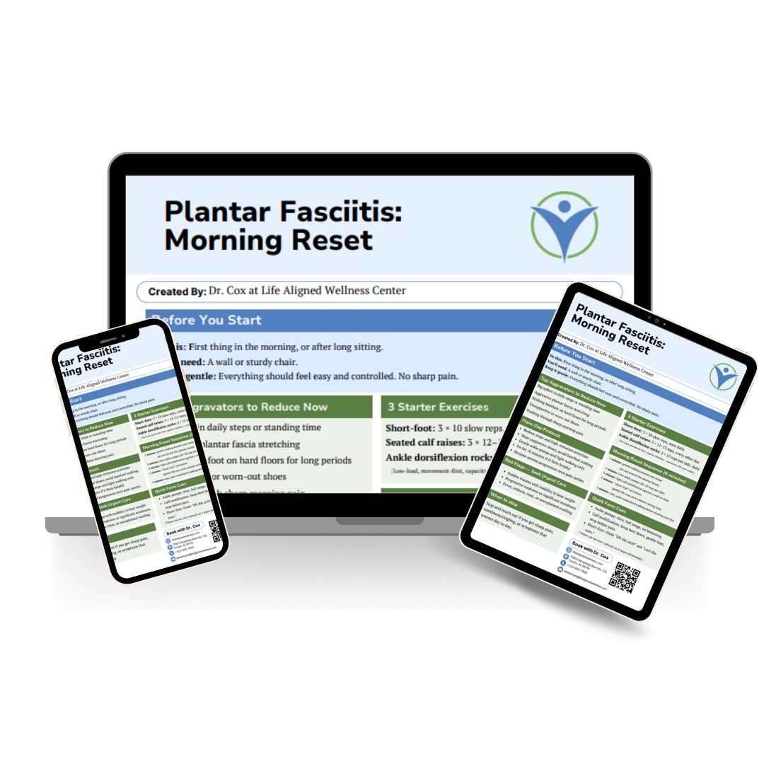 Digital mockup showing a downloadable plantar fasciitis guide called “Plantar Fasciitis: Morning Reset” displayed across a laptop, tablet, and smartphone.