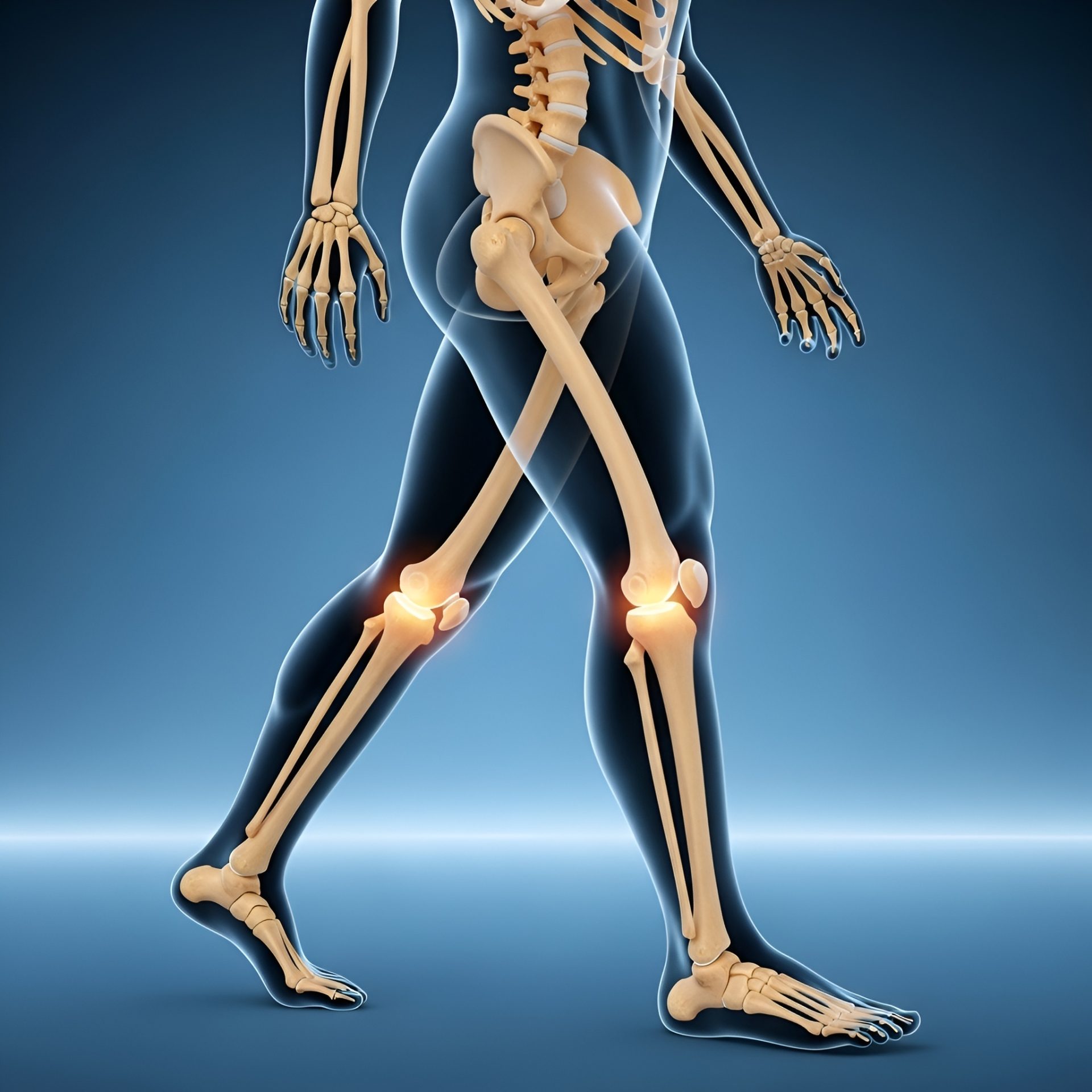 Skeleton overlay of walking legs with highlighted knee joints indicating knee pain.