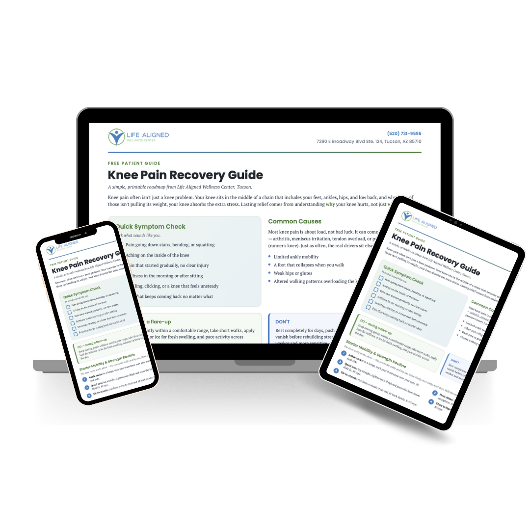 Life Aligned Knee Pain Recovery Guide displayed on a laptop, smartphone, and tablet.